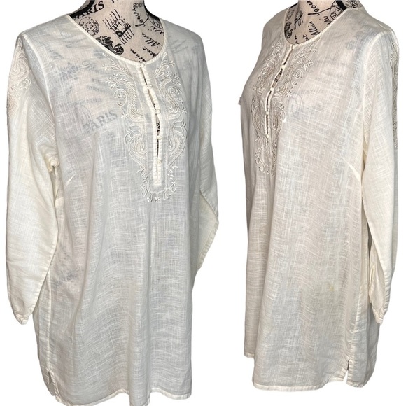 J Crew Ivory Linen Blend Embroidered 3/4 Sleeve Tunic Top Size XL Coastal Boho - Picture 3 of 16